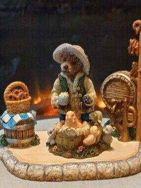 Market Place Bear Figurine with Chicks and Basket - Beige, Green, Blue Accents